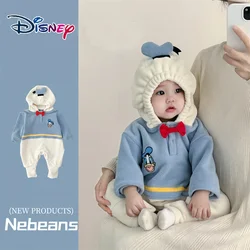 Disney Cartoon Donald Duck Baby Hooded Suit Autumn Winter Double Sided Ollie Velvet Warm Male and Female Baby Loungewear