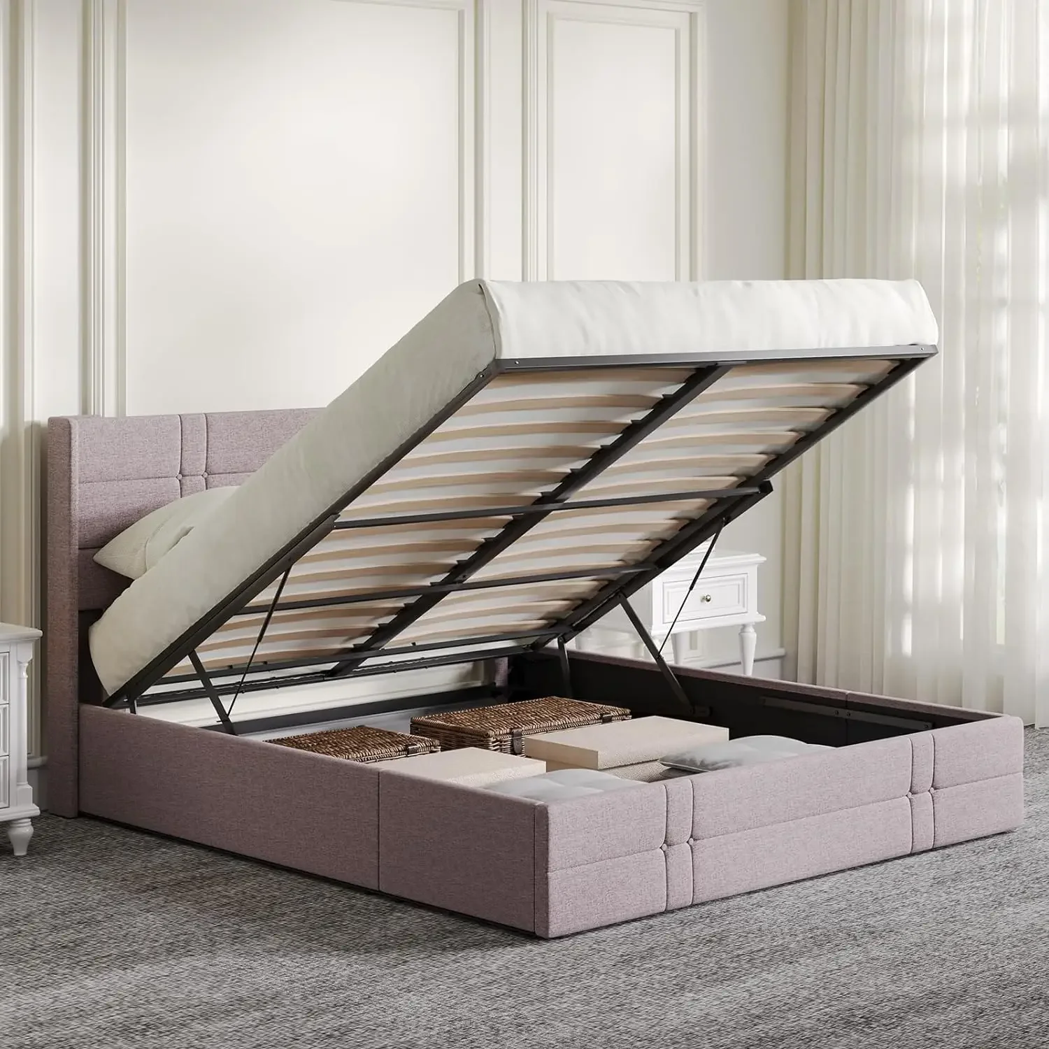 Cama de almacenamiento elevable tamaño Queen Novilla, con cabecero de tela, almacenamiento hidráulico, no necesita somier, soporte de listones de madera, Upholst