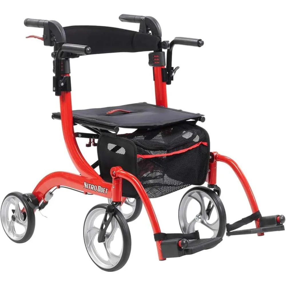 Nitro Dual Function Transport รถเข็นวีลแชร์และ Rollator Rolling Walker Combo พร้อมระบบเบรกแบบเปิดใช้งานด้วยมือและพนักพิงหลัง สีแดง