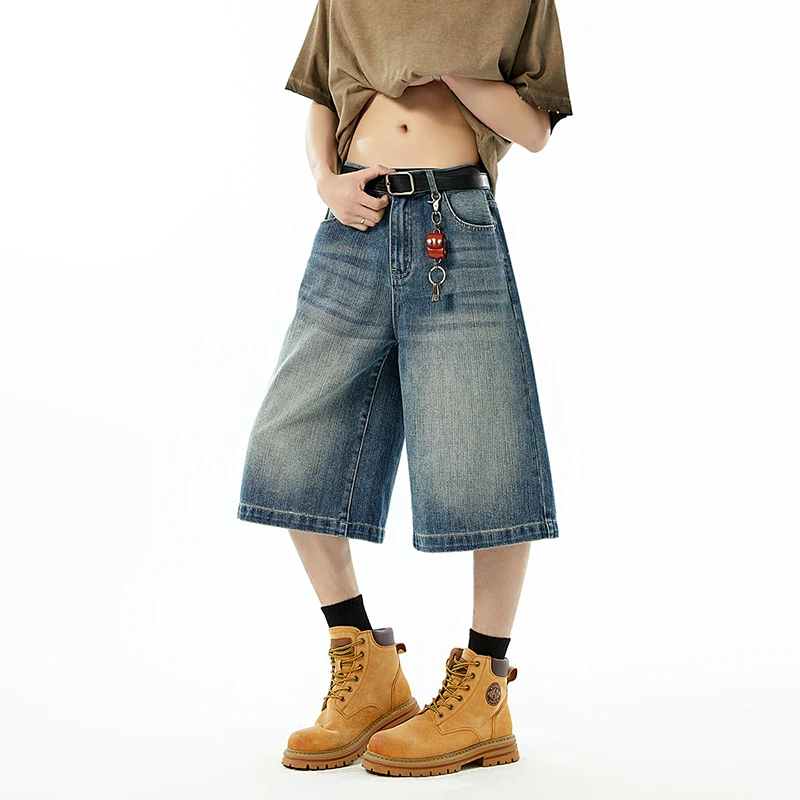 WTHT Fashion 2026 Summer Men's Gradient Do Old Loose Casual Denim Shorts Vintage American Style Wide Leg Short Pants Male 2A3105