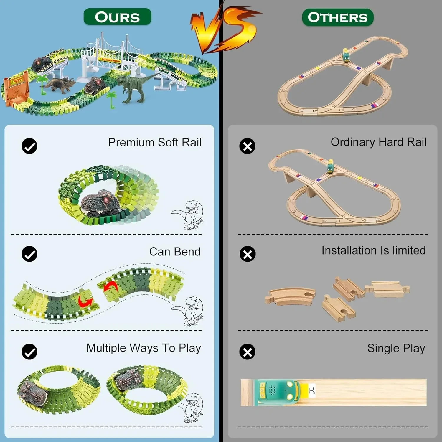 Dinosaurusspeelgoed Creëer een dinosauruswereld Road Race Flexibele spoorspeelset en 2 STUKS Coole dinosaurusauto voor jongensmeisjes Kerstcadeau