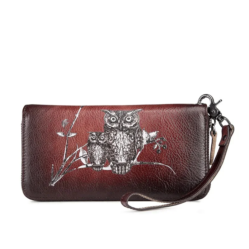 

New Women Purse Clutch Handy Zipper Bag Female Multi-Cards Eagle Printing Money Clips Wrist Bags Genuine Leather Long Wallets