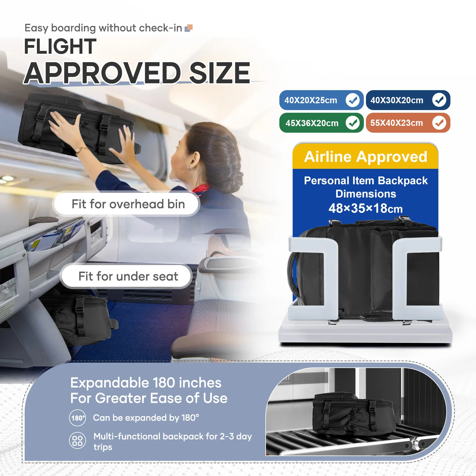 حقيبة ظهر للسفر وسادة هوائية 43x29x15 حقيبة المقصورة للطائرة، Ryanair 40x25x20 حقيبة ظهر كهربائية مفرغة للهواء، حقيبة ظهر متينة