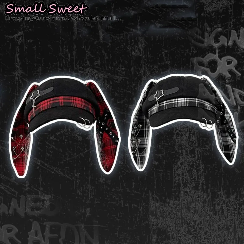 النساء فاسق الثقافة الفرعية موضة Steampunk انفصال Y2k حار فتاة آذان أرنب قبعة بيسبول القوطية طويلة الأرنب الأذن قبعات للحماية من الشمس #6