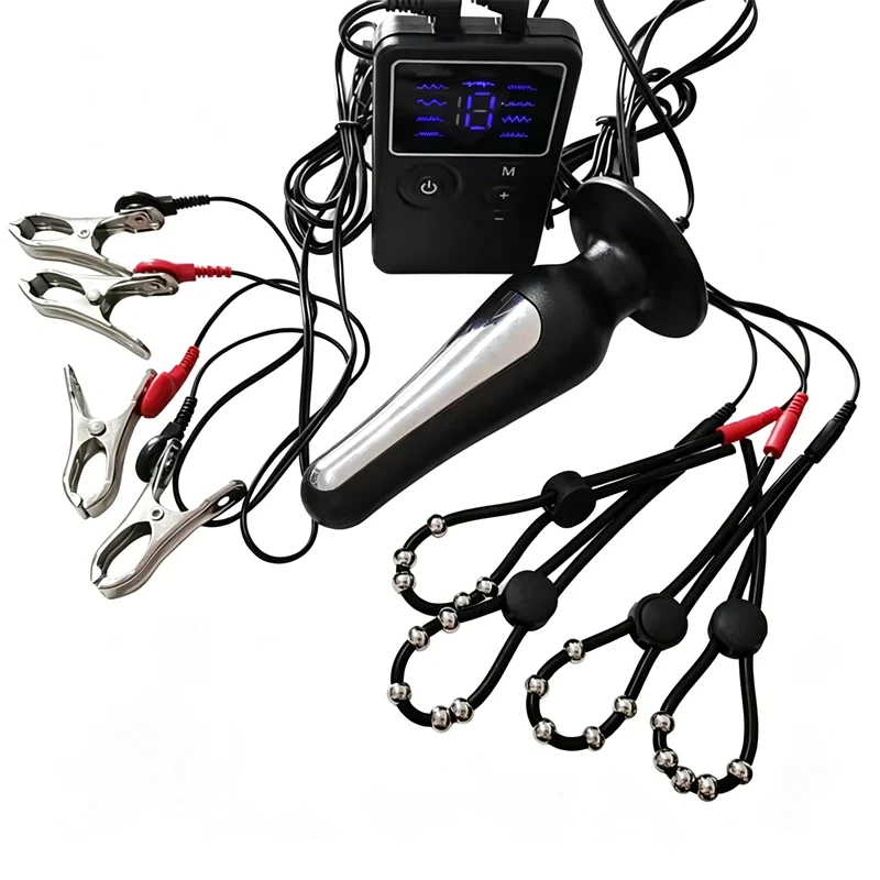 Silicone Cock Rings Penis Trainer Testis Stimulation 8 Modes Electric Shock Anal Plug Metal Nipples Clips Adult Toys Men Women