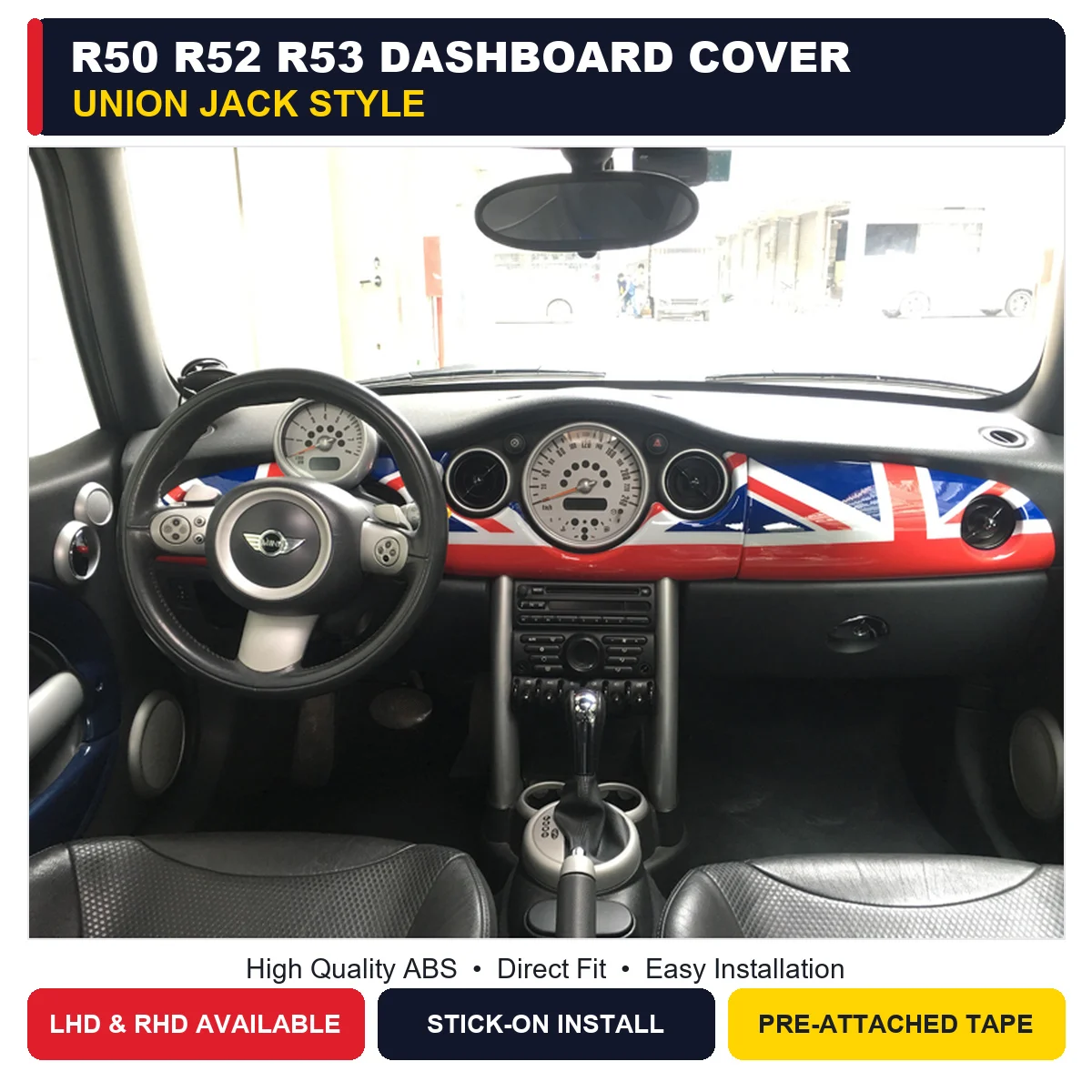 Carwoman For MINI Cooper R50 R52 R53 Dashboard Trim Cover PC Plastic Stick-on 3 Pcs Union Jack Chequered JCW Style 2001-2006