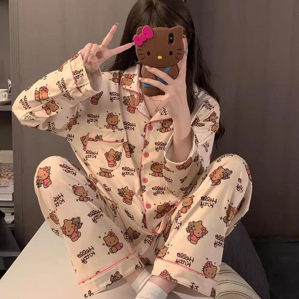 2025New Hello Kitty Pajama Set Anime Sanrio Thickened Warm Homewear Set Woman's Pajama Pants Suit Sweet Girl Loungewear Gifts
