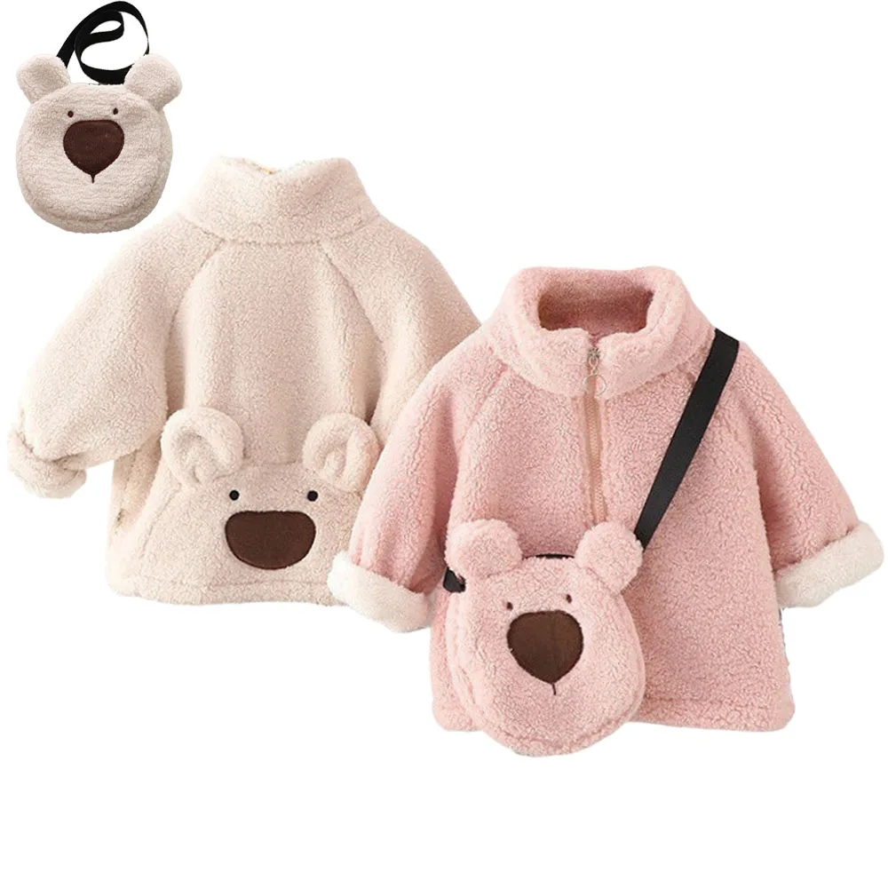 Autumn Winter Baby Toddler Coat with Bag Girl Boy Fur Jacket Fleece Warm Snow Outfit Kids Children Clothing Cartoon Bear Cute