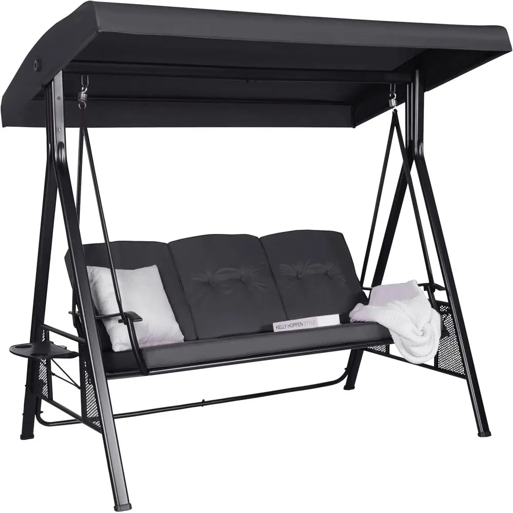 

Регулируемые 3-местные уличные качели со стальным каркасом, складным боковым столиком, идеально подходят для патио, газона или заднего двора