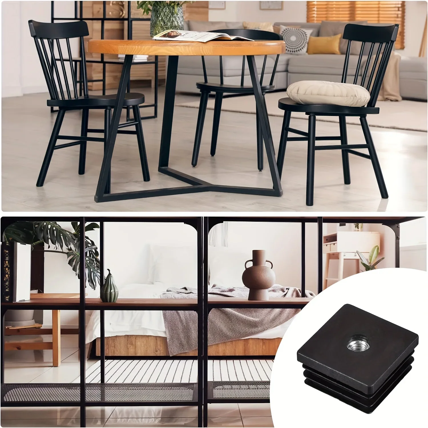 M8 rubber 25mm square tube insert with stainless steel nut, protective tube plug for furniture floor protection
