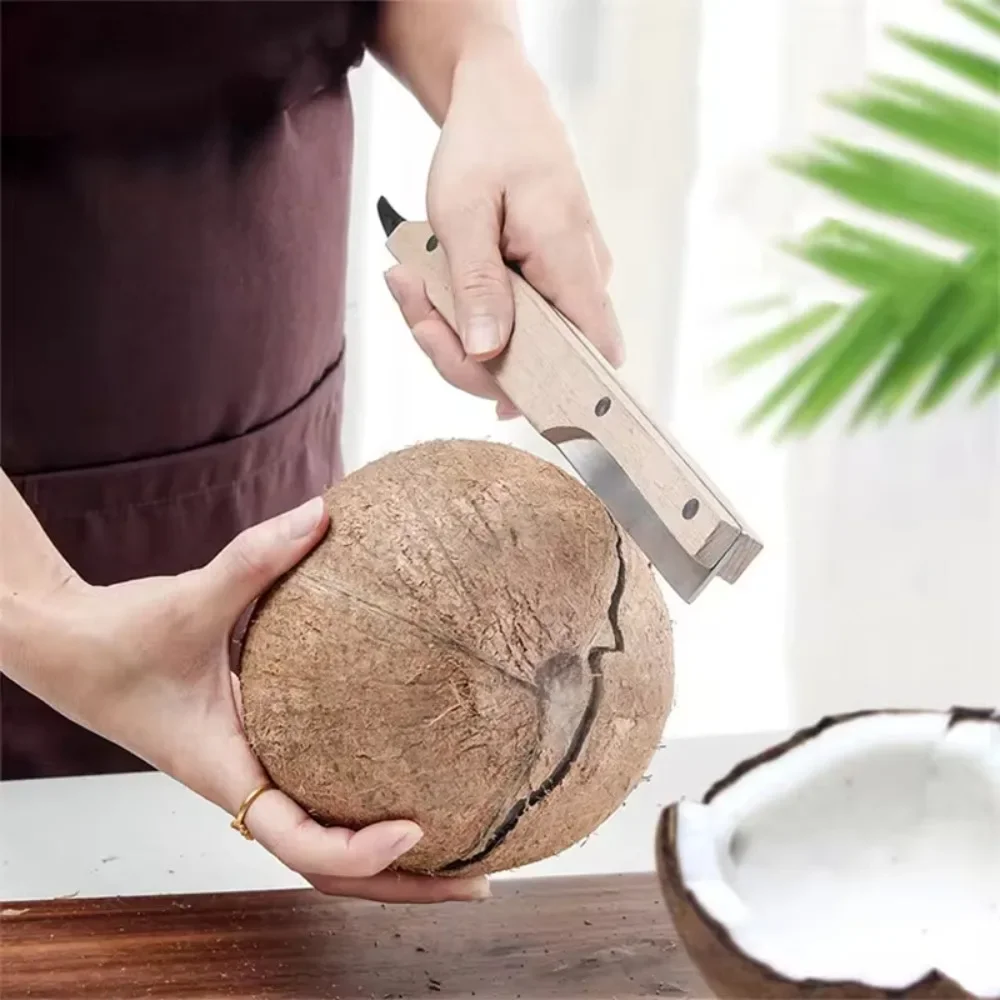 Multifunctional Coconut Knife, Fruit Opener, Stainless Steel, Wooden Handle, Double Coconut Shell, Kitchen Gadgets