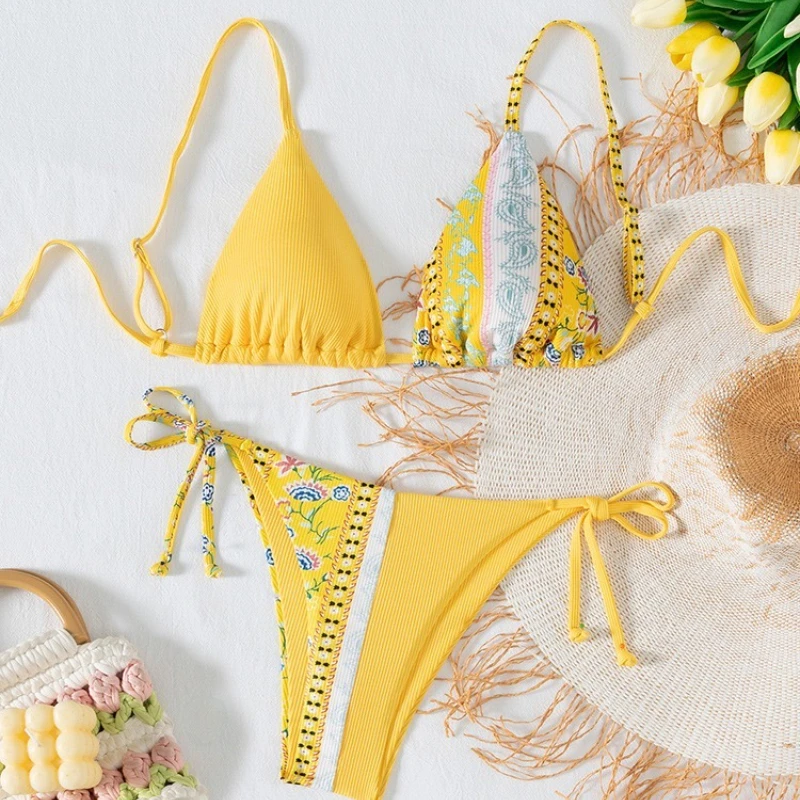 

Unique Yellow Bikini Rib Boho Print Floral Swimsuit