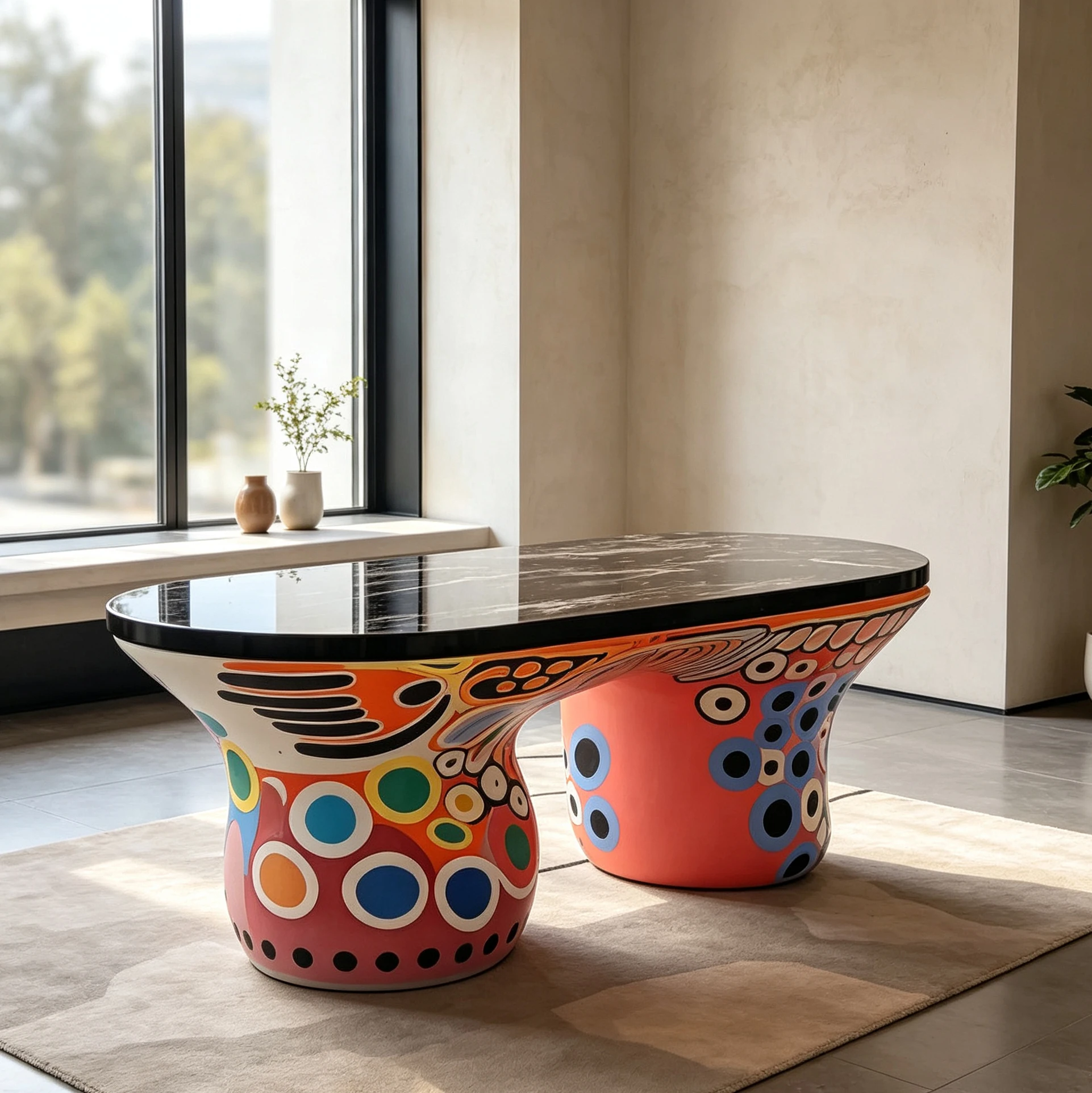 G*-Fiberglass Frame Double Pedestal Oval Coffee Table for Contemporary Home Interior