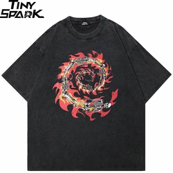 Hip Hop Streetwear Men T-Shirt Oversized Burning Skull Vintage Graphic T Shirt Cotton Washed Black Tshirt Unisex Tops Tees