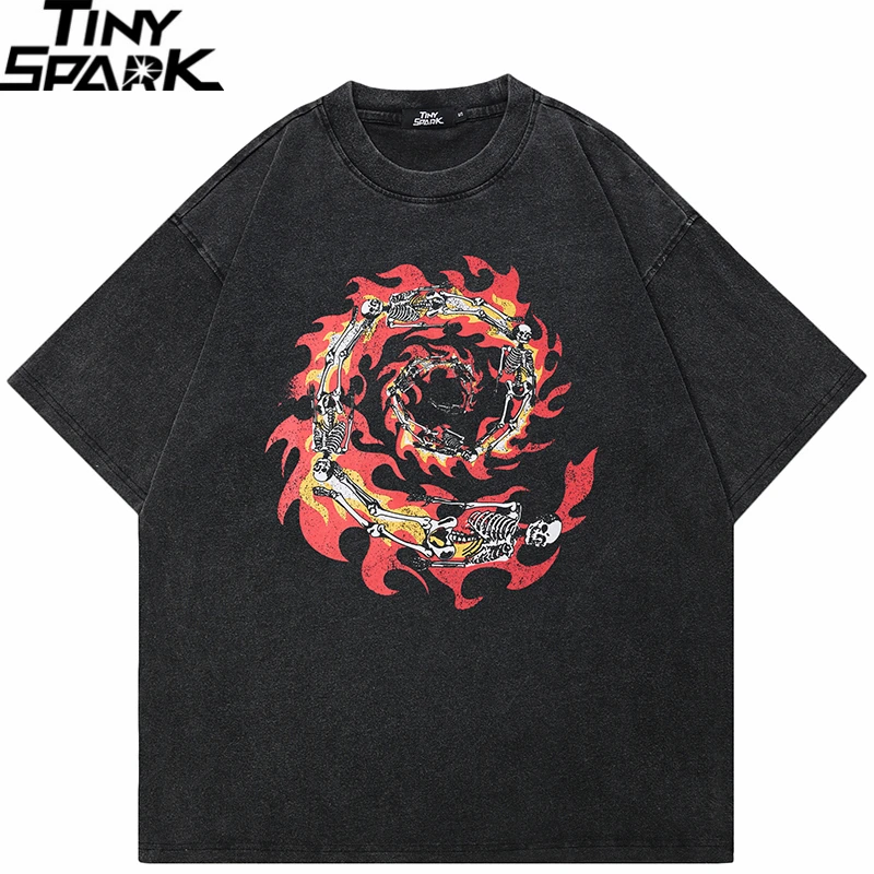 Hip Hop Streetwear Men T-Shirt Oversized Burning Skull Vintage Graphic T Shirt Cotton Washed Black Tshirt Unisex Tops Tees