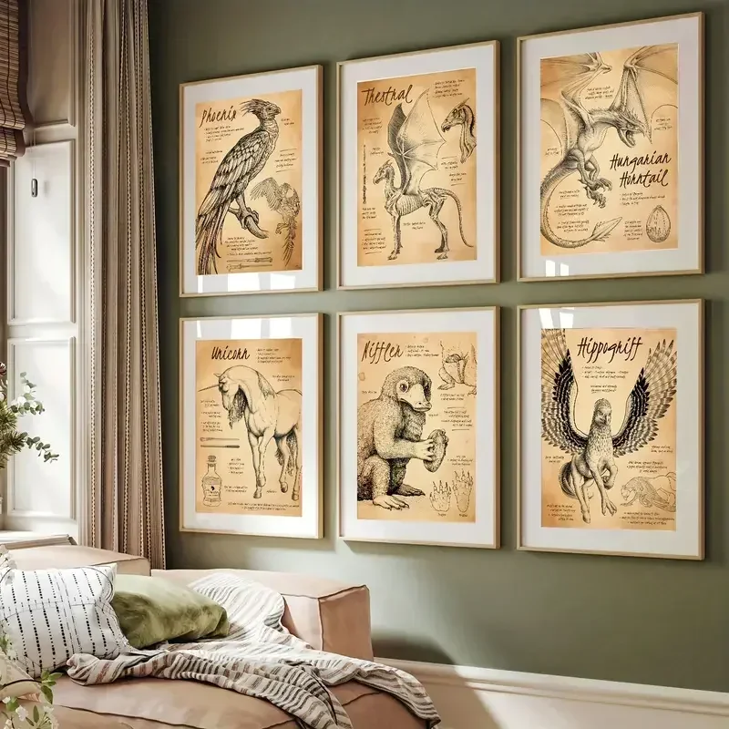 6pcs/set Movie Magical Creatures Dragon Canvas Poster Vintage Animals Fantasy Beasts Aesthetics Decor Murals Fans Gifts