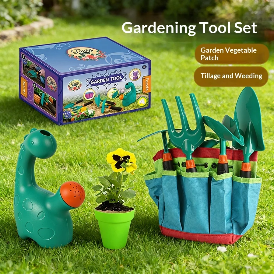 Funny Kids Garden Tool Set Gardening Tool Kit with Watering Can Tool Bag Shovel Rake Hoe for Boys Girls Garden Beach Play