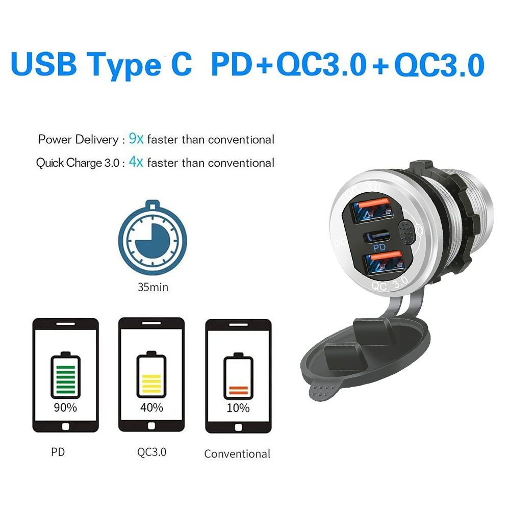 12V/24V USB Type-C Multiple Car Charger Socket PD3.0 & QC3.0 Ports Waterproof with Touch Switch Fast Charging Car Moto Adapter