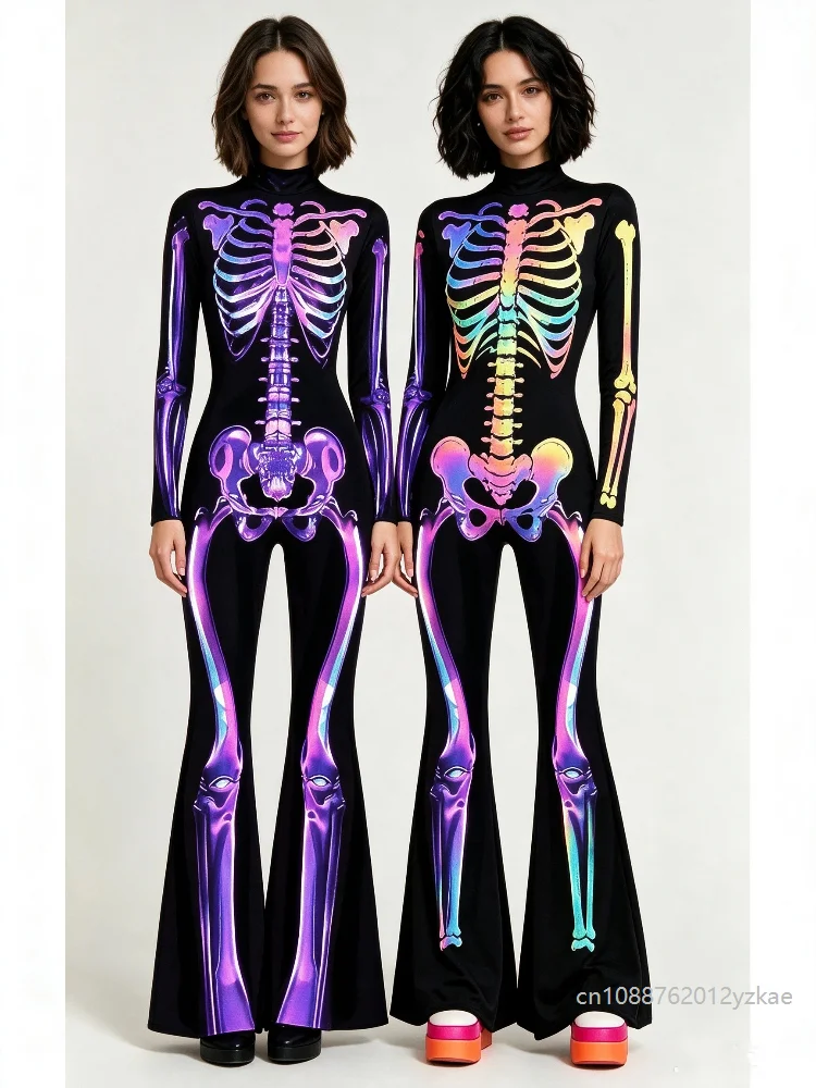 Damen Regenbogen-Farbverlauf Skelett-Catsuit, Cosplay-Outfit, Halloween Zirkus Bühnen-Horror Kostüm, Party-Jumpsuit