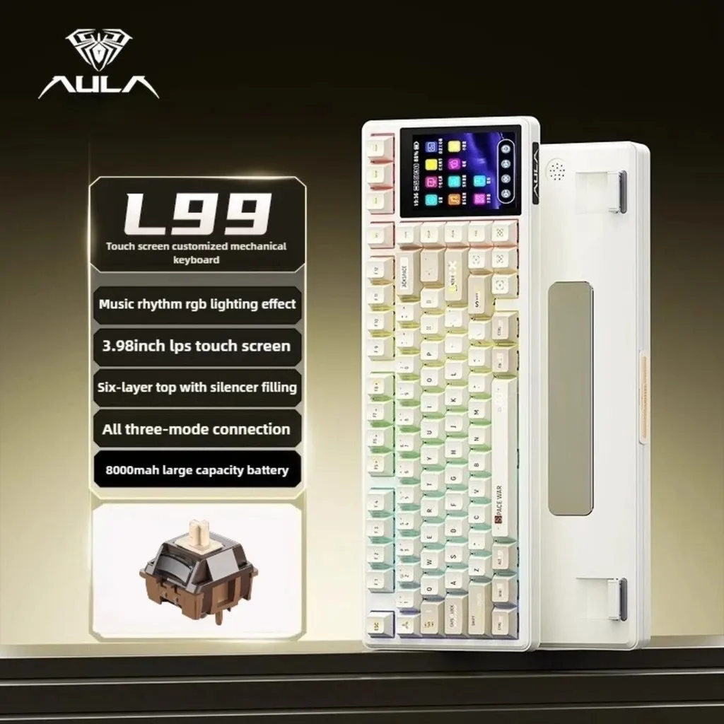 AULA L99 Intelligent Screen Mechanical Keyboard Bluetooth Wireless Tri-mode Night Gaming Laptop Keyboard 8000mAh Raindrop Switch