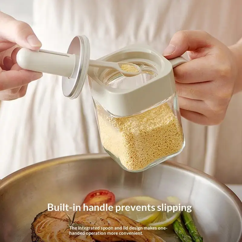 Glass Seasoning Jar with Spoon Food Grade Sealed Clear Spice Storage Container for Home Kitchen Cooking Supplies