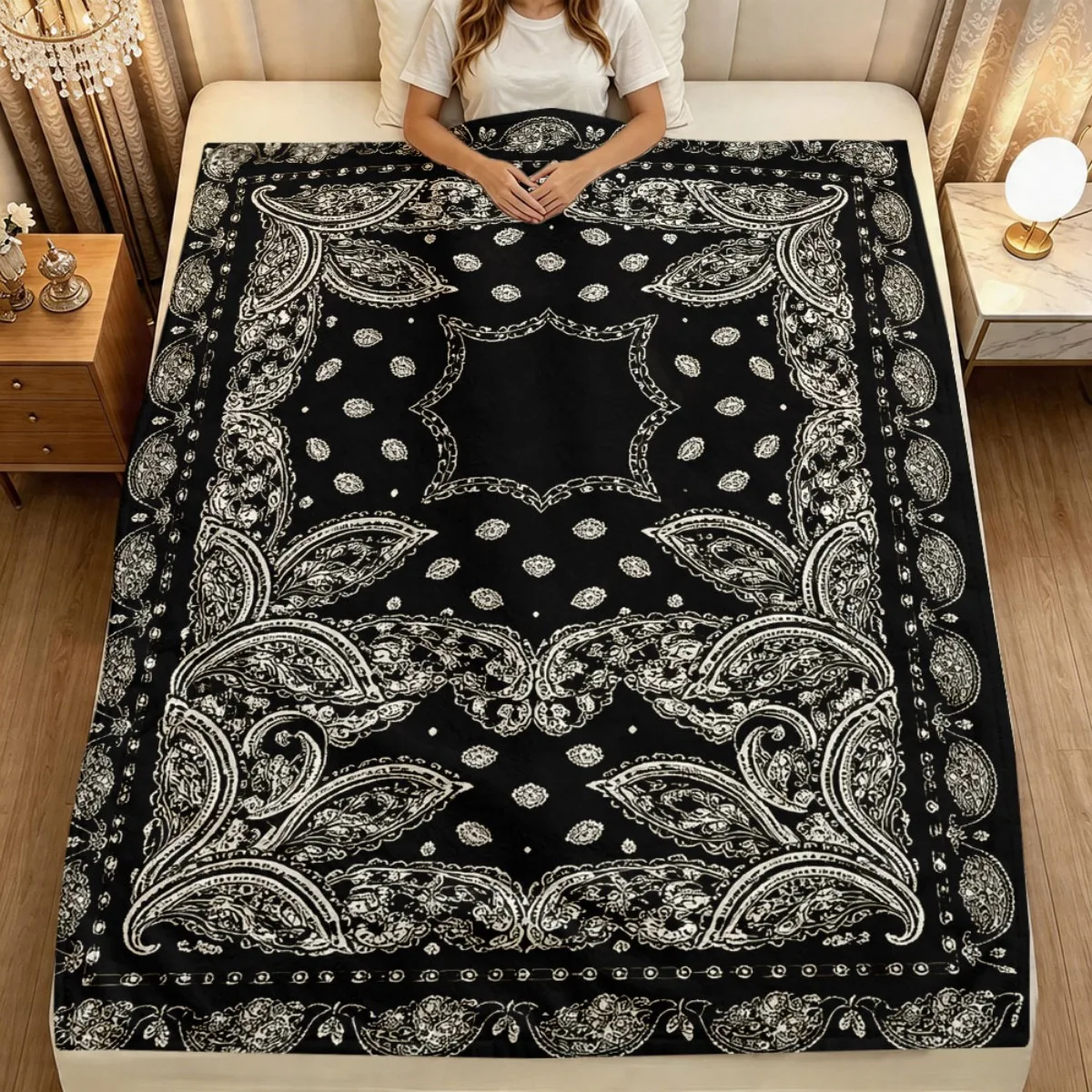 Elegant Black and White Damask Pattern Throw Blanket Luxurious Intricate Decor for Sofa Couch Bed Home Seasonal Winter Night