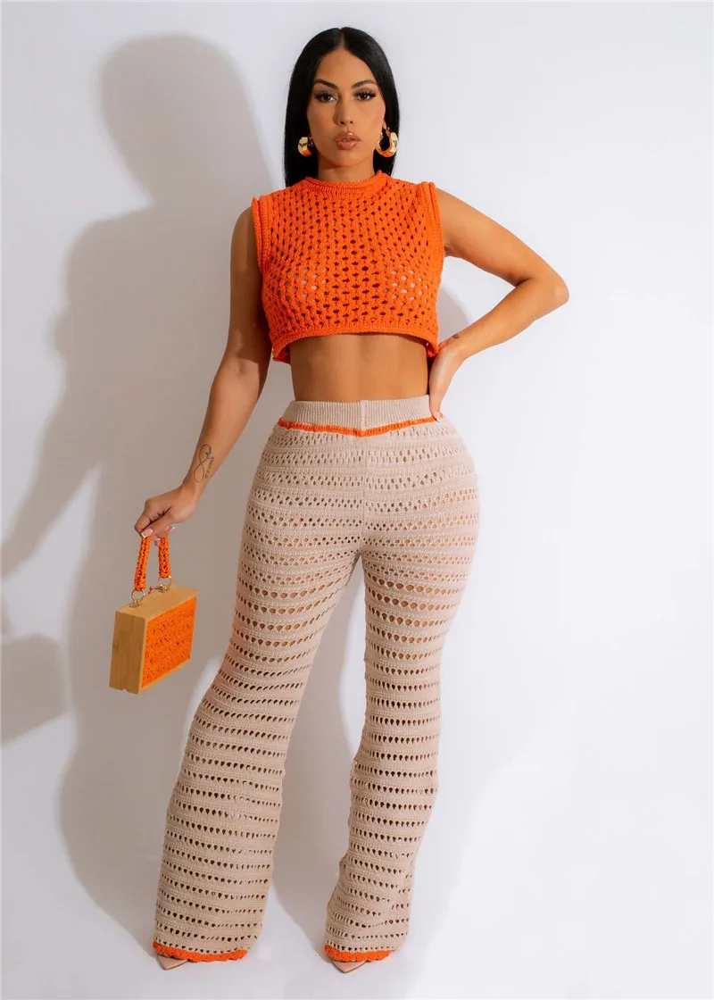 

Knitted Crochet Women Two Piece Set Sleeveless Hollow Out Tanks Top Knitted High Waist Pants Fashion Beachwear Matching Suits
