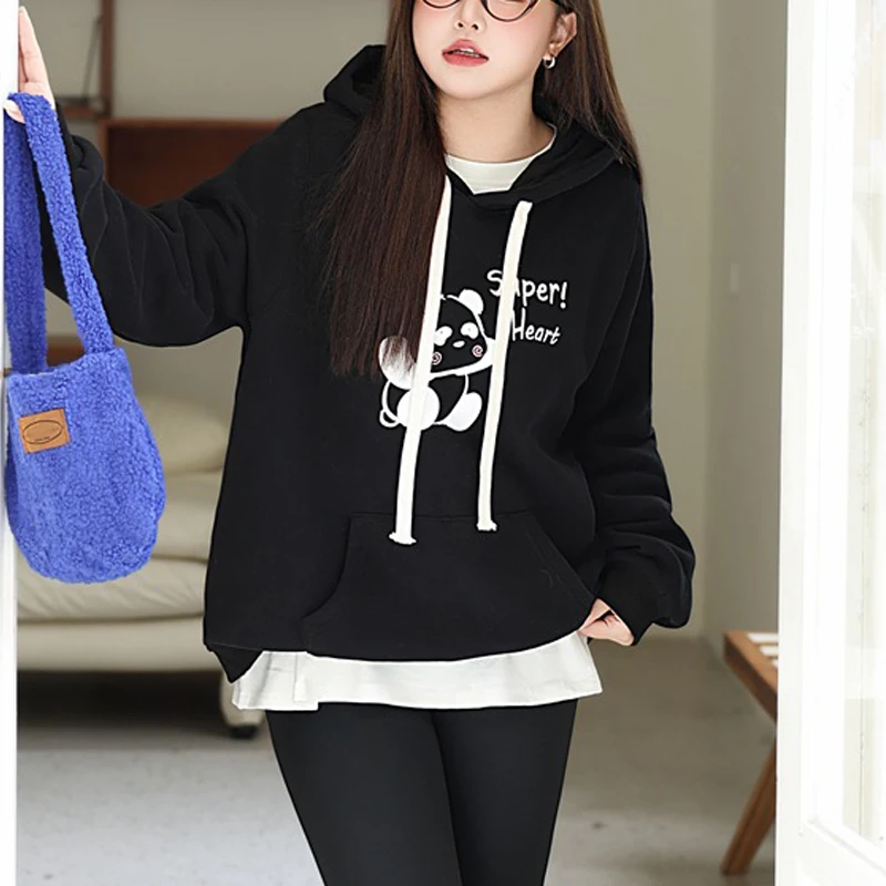 

Plus Size Women's Hoodies Premium Thick Drawstring Hooded Sweatshirt Cartoon Panda Print Fleece-lined Autumn Winter 2025