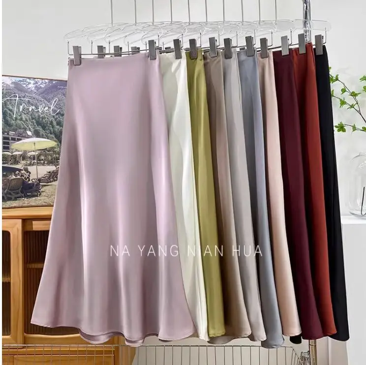 Elegant Satin High Waist Skirts Women Elegant Luxury Korean Long Maxi Mermaid Skirt Casual Office Ladies A-line Skirt