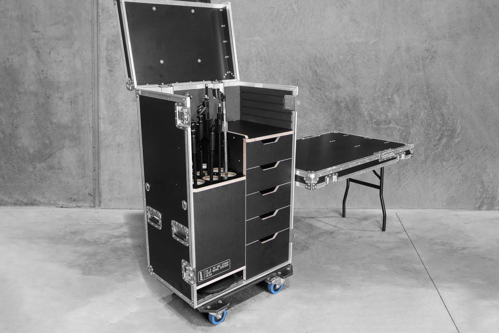 Transporte Flight Case Workboxes com rodízios, alumínio personalizado Heavy Carrying, DJ Stage Props, Audio Box Trolley