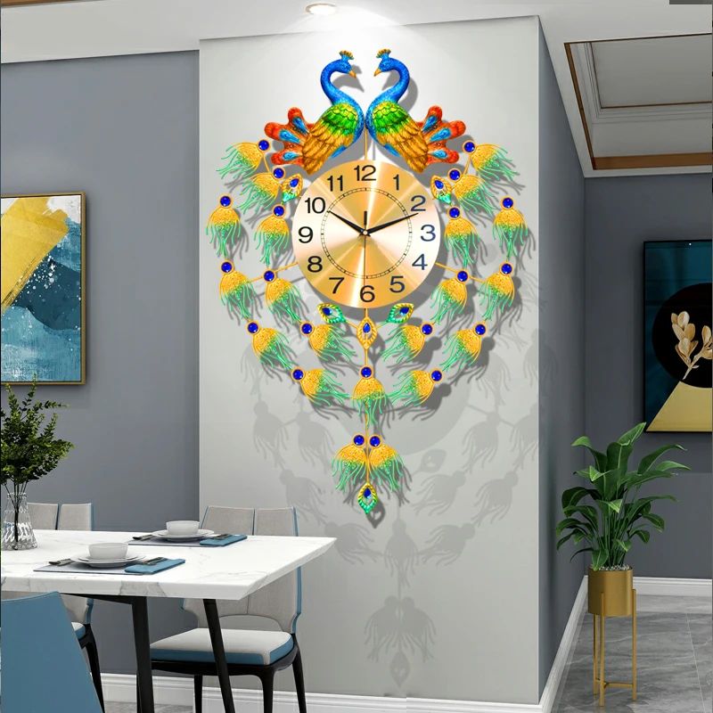 

Peacock Chinese Style Wall Clocks Digital Living Room Art Mural Luxury Big Size Clock Wall Mechanism Reloj De Pared Home Design