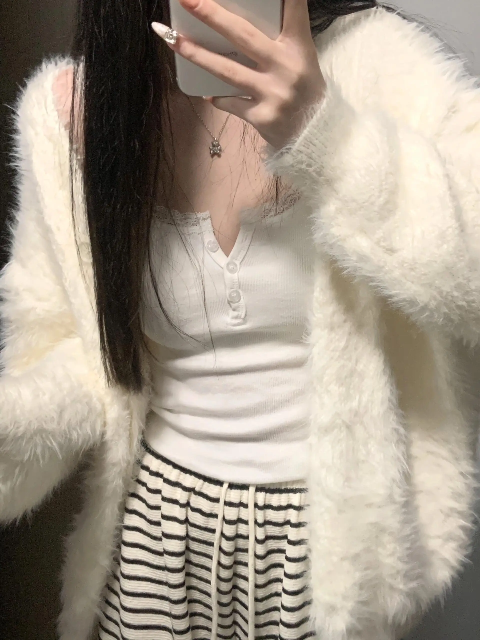 Advanced and Lazy Style White Mink fur Sweater Cardigan Jacket for Women\'s 2024 Autumn and Winter New Loose and Knitted Sweater