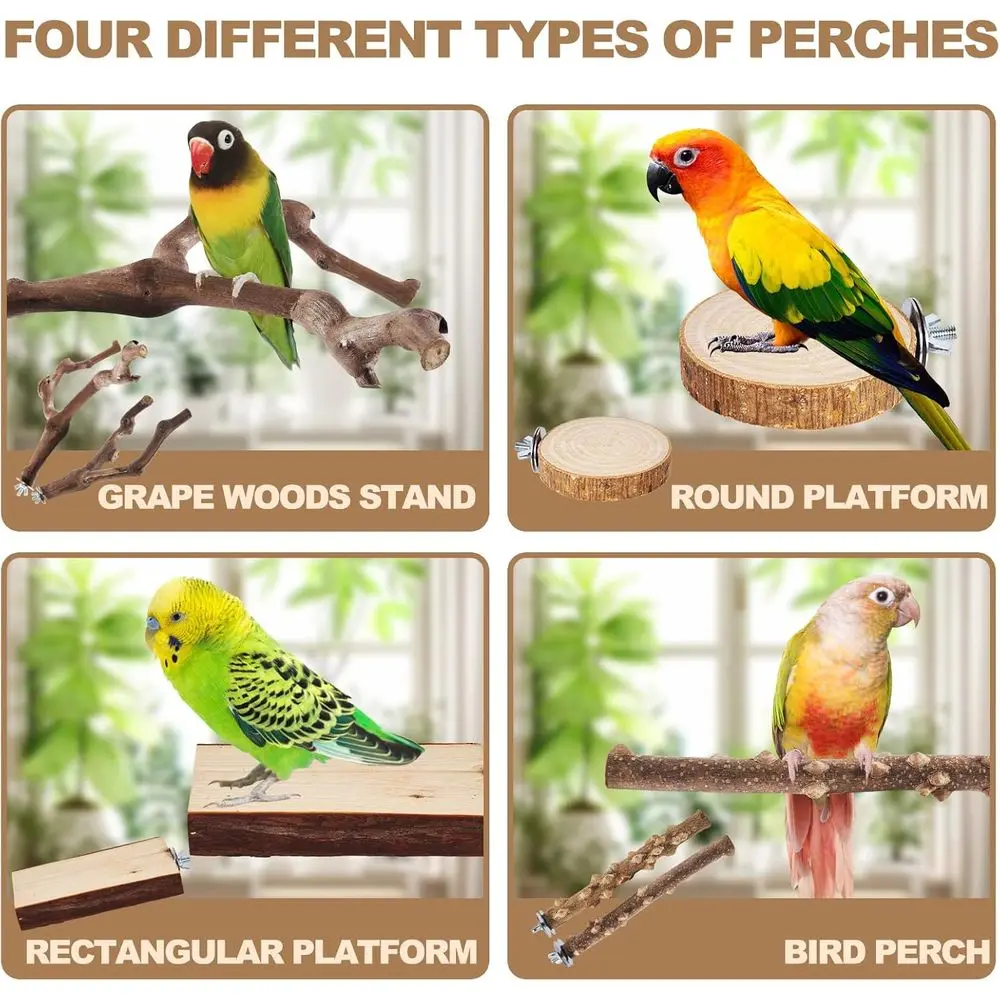 6-Piece Bird Perch Set - Natural Wood Grape Sticks, Paw Grinding, Bird Stand & Toys for Parakeets, Cockatiels, Conures, Budgies view 4