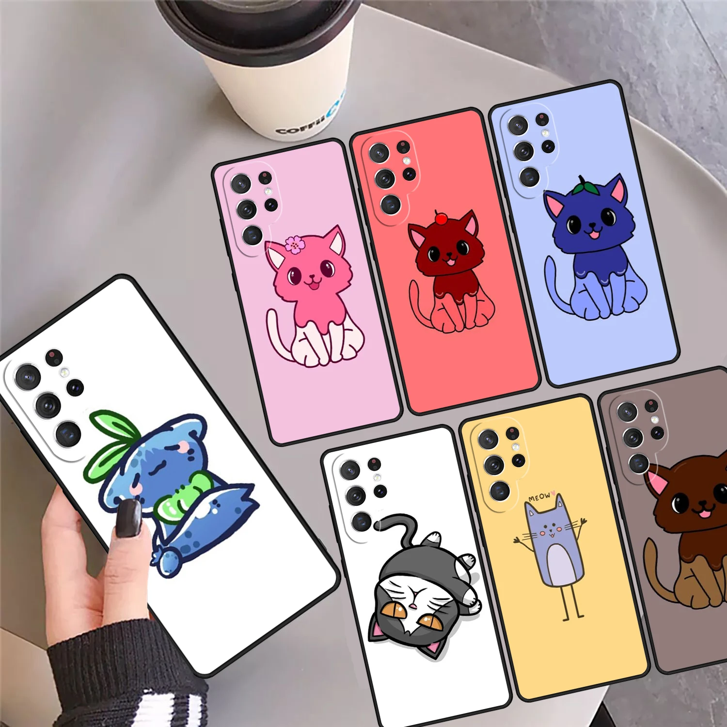 Cute Kawaii Blueberry Cat Phone Case Cover For Samsung Galaxy S24 Ultra 23 S22 Plus S21 FE S20 S8 S9 S10 Note 10 Pro Note 20