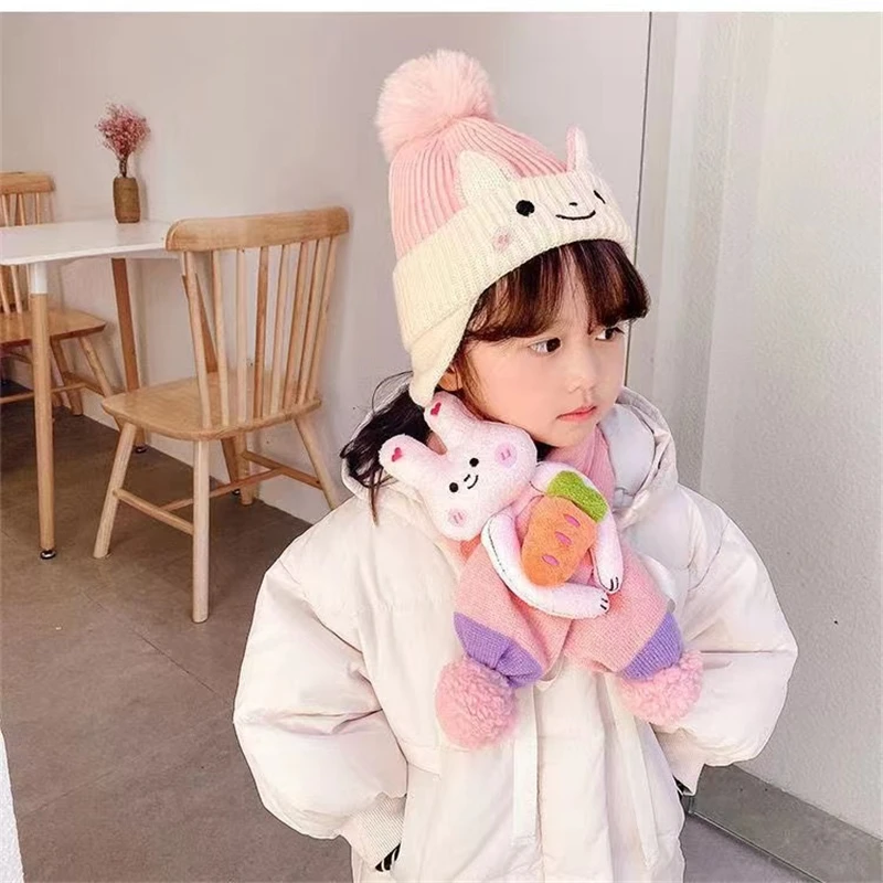 2PCS Set Baby Hat Scarf Winter Warm Thick Knitted Cap Cartoon Dinosaur Bunny Beanies Scarf For Children Girls Boys Baby Clothing