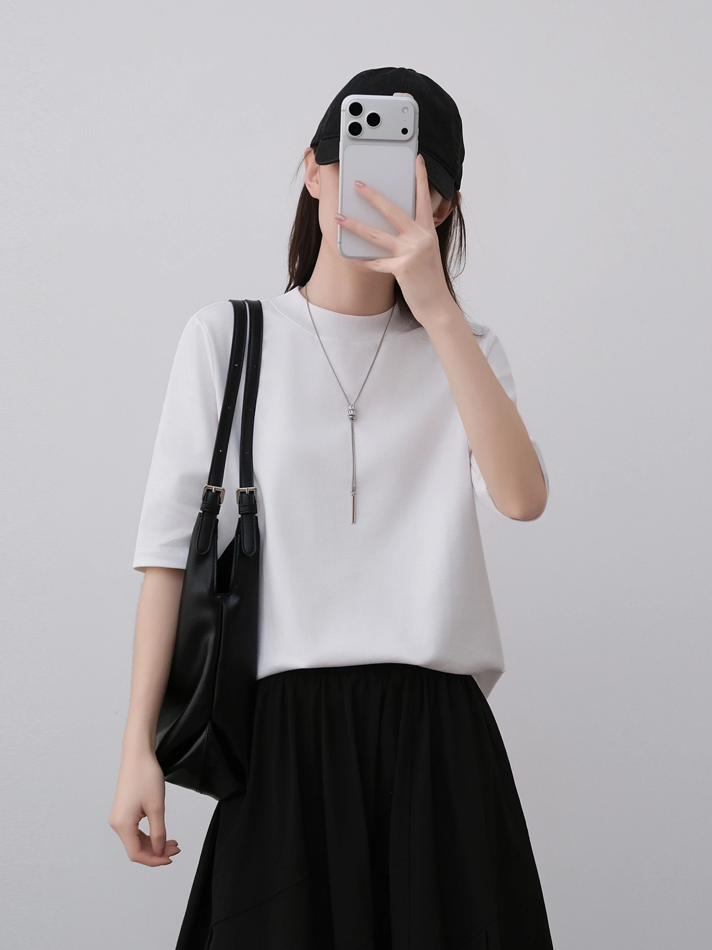 

Женская свободная футболка из чистого хлопка с высоким воротником и рукавом до локтя, базовая модель для многослойных образов