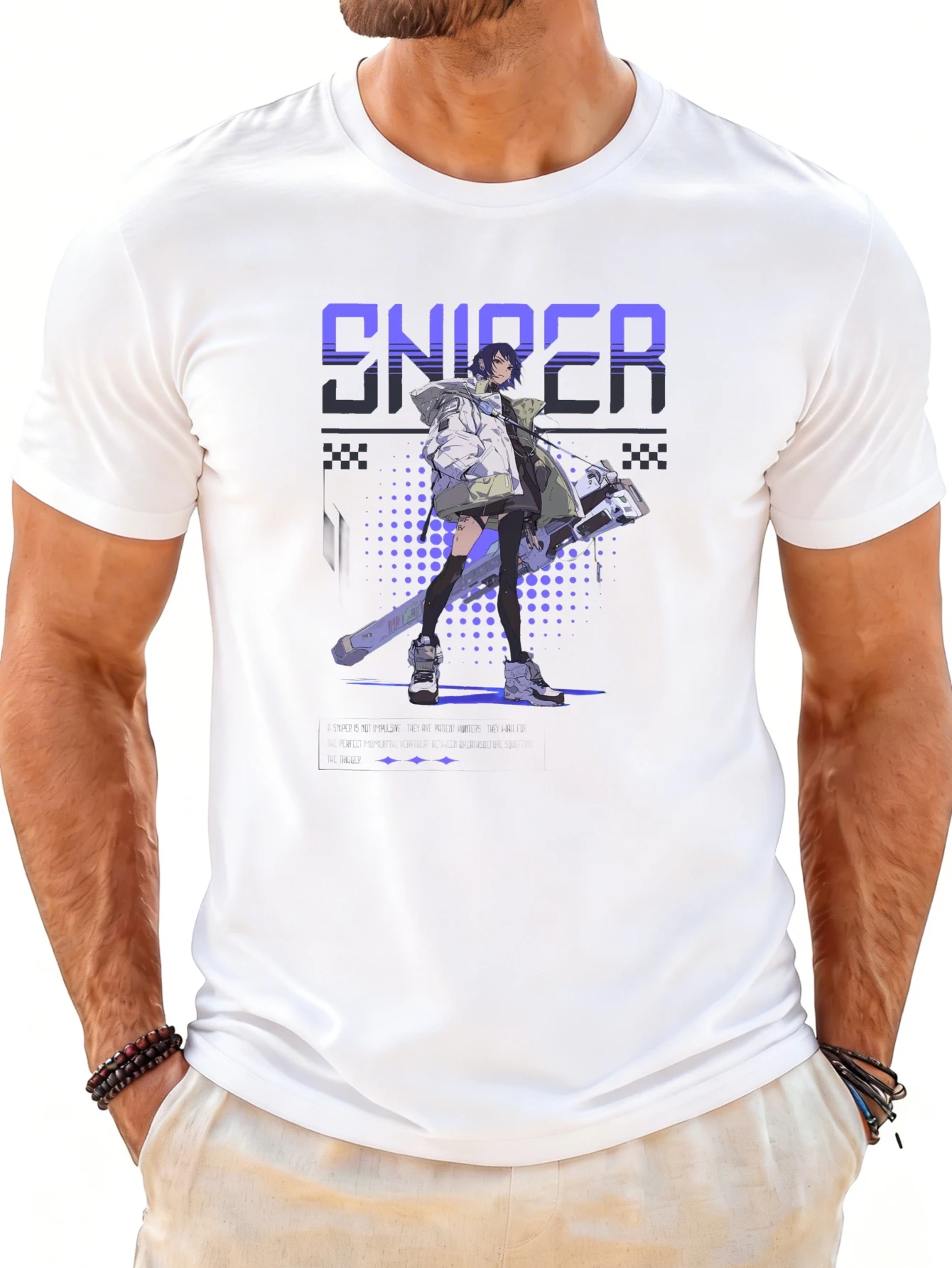 Anime-Style Men's T-Shirt with Sniper Character Graphic, Summer Casual Wear, Suitable for Anime Fans and as a Gift for Friends