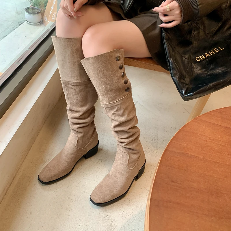 

Suede Slip-on Women's Knee-high Boots Comfortable Thick Heels Round Toe Ladies Elastic Boots Autumn Winter New Female Long Boots