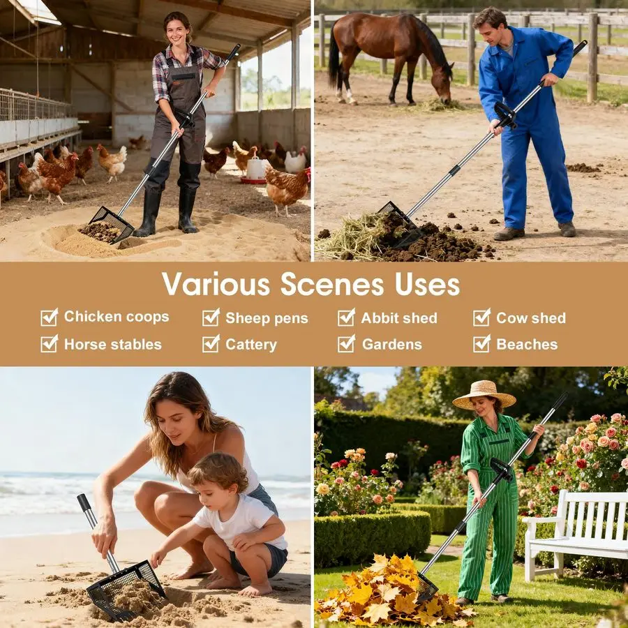 Poop Scooper amp Rake 2in1,10 مغرفة حظيرة الدجاج المعدنية لـ Poop مع مقبض من الفولاذ المقاوم للصدأ قابل للتعديل من 35 إلى 62، مغرفة القمامة أ #4