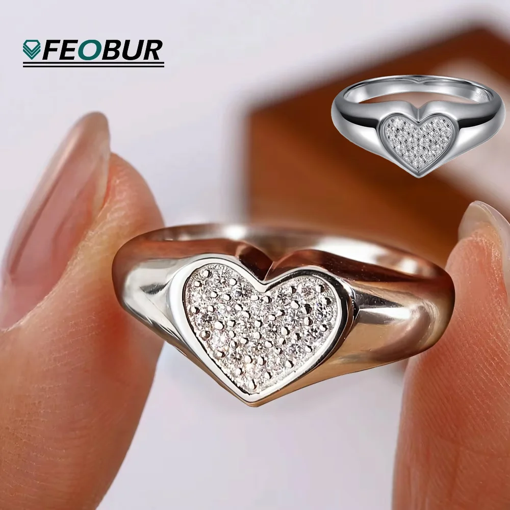 

FEOBUR Sparkling Moissanite Heart Ring for Woman Men Chunky Wide Pinky Rings 925 Sterling Silver Eternity Band Hiphop Jewely