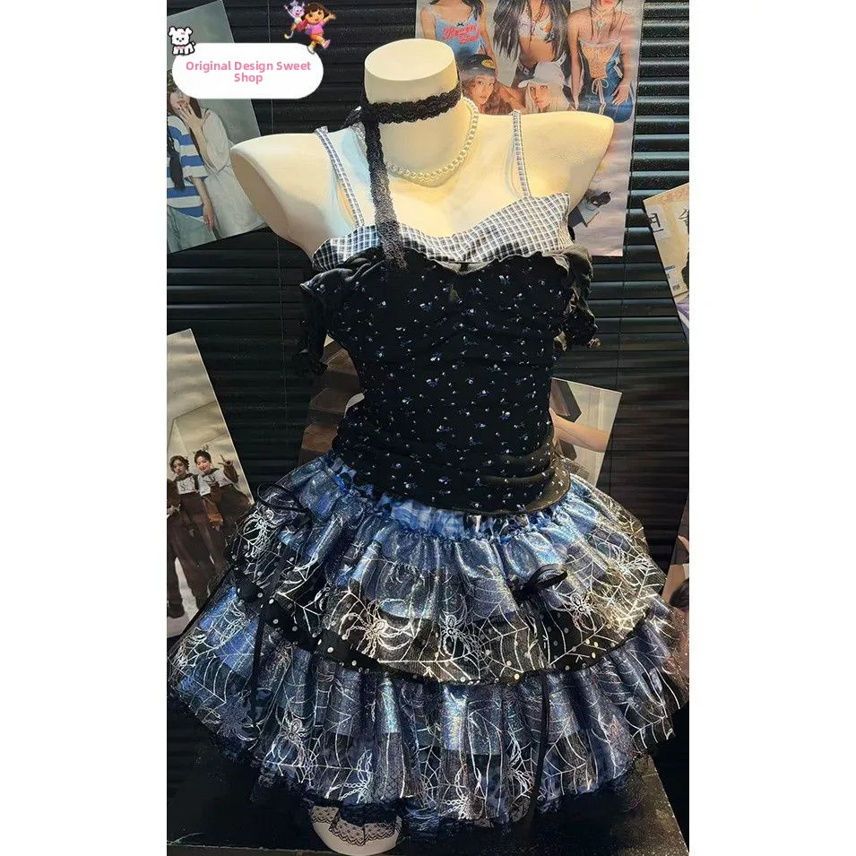 Handmade Original Dark Gothic Floral Print  Skirt Set for Trendy Girls Y2K Spider Web Cake Design Top And Skirt Combo
