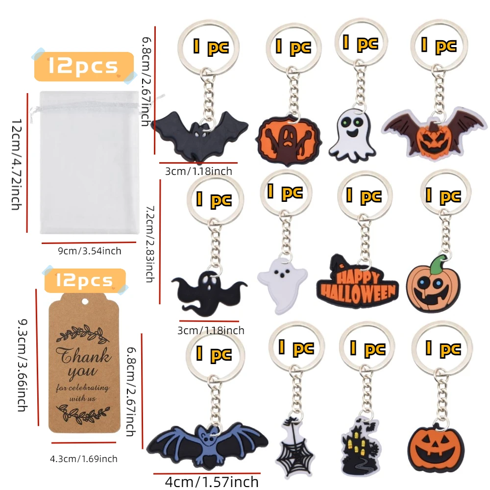 12 Sets,Halloween Keychain Horror Keychain Skeleton Keychain Eyeball Pumpkin Ghost Skull Keychains for Halloween Party Favor