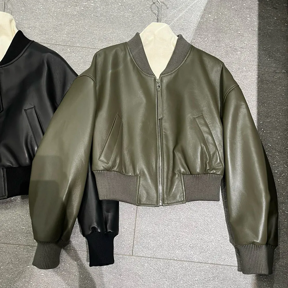 جاكيتات جلدية قصيرة جديدة 100% من الجلد الطبيعي لعام 2026، أزياء الشارع العصرية، معاطف بيسبول من جلد الغنم باللون الأخضر العسكري، جاكيت جلدي نسائي كاجوال