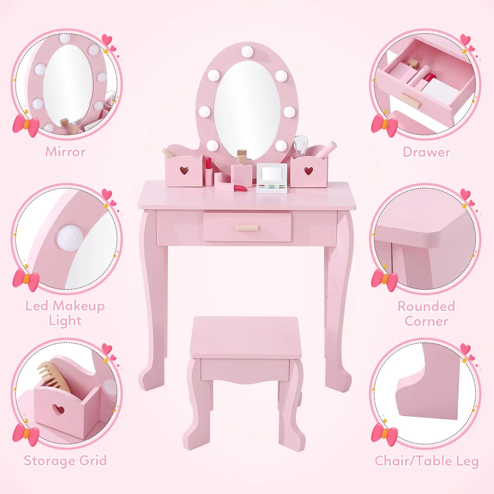 Girls' Vanity Table and Chair Set,Kids Makeup Dressing Table with Lights&Wood Makeup Playset, Kids Vanity Set with Mirror&Drawer