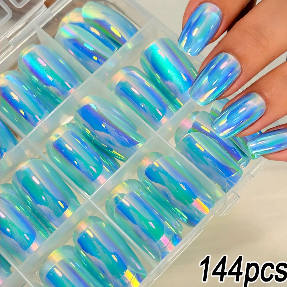 144 Uds. De uñas postizas holográficas acrílicas de cobertura completa con efecto espejo, cromado brillante, Aurora, azul, efecto espejo