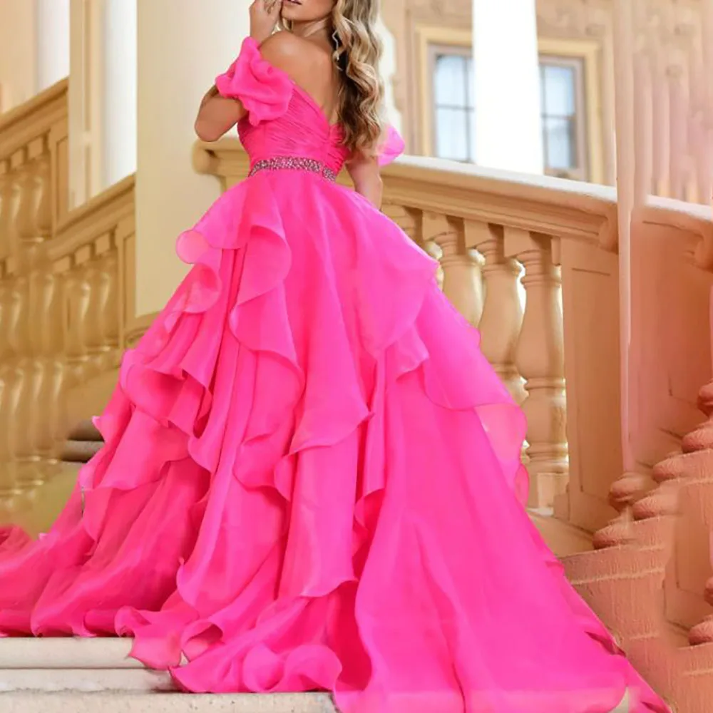 A-line Elegant Puff Sleeves Square Neck Ruffle Tiered Floor Length Court Train Prom Evening Gown Dress