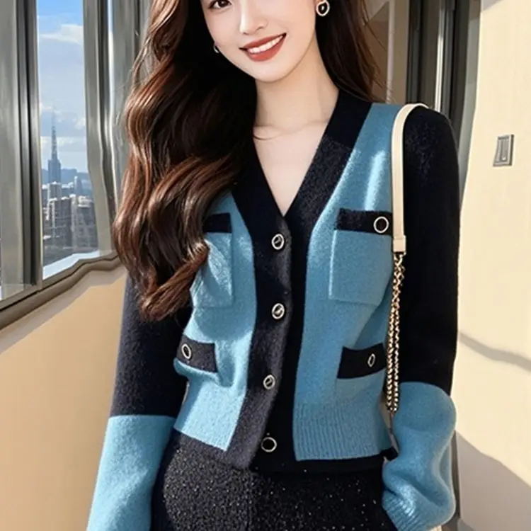 

Women's Knitted V-Neck Sweater Of The Season Autumn Fashion Color Block Open Cardigan Female Top Outerwear Korean E11474