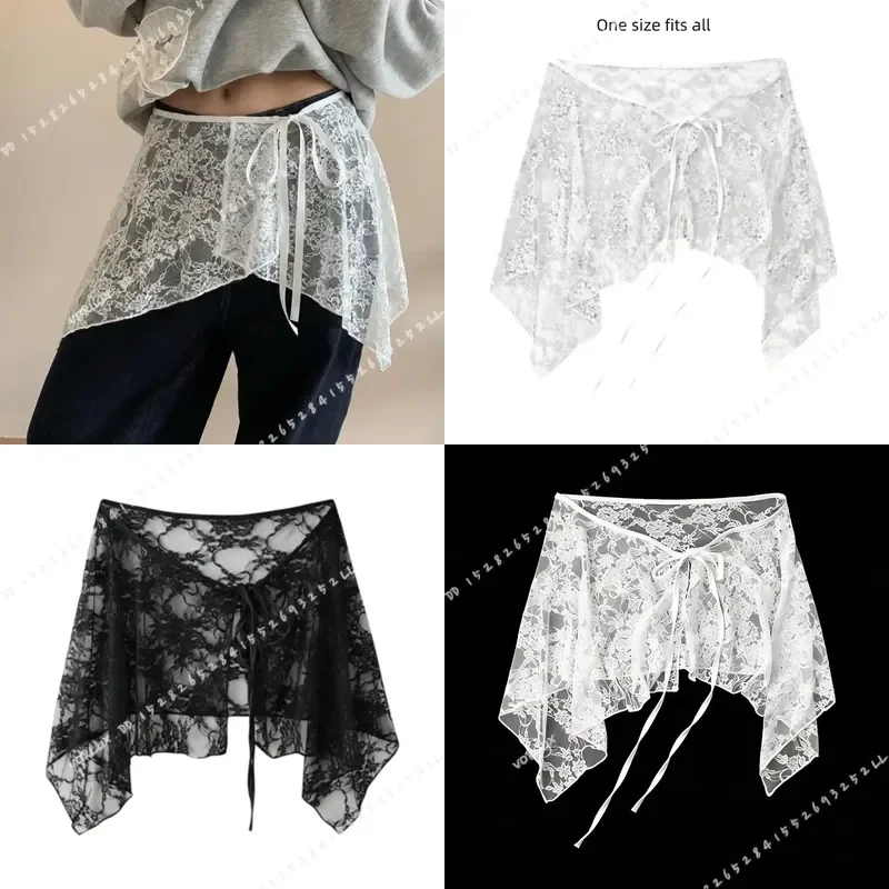 French Lace Mini Skirt with Embroidery Irregular Hem Ruffles Y2K Apron Wrap Style Lace Up Design for Women Fashion Apparel