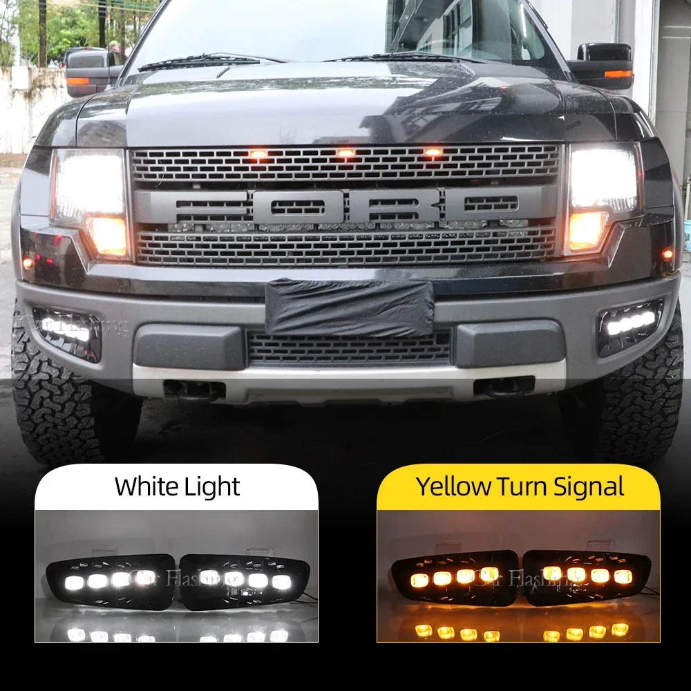 

Новинка! Дневные ходовые огни для Ford Raptor SVT F150 2009 2010 2011 2012 2013 2014 с указателем поворота, желтые противотуманные фары, 2 шт.