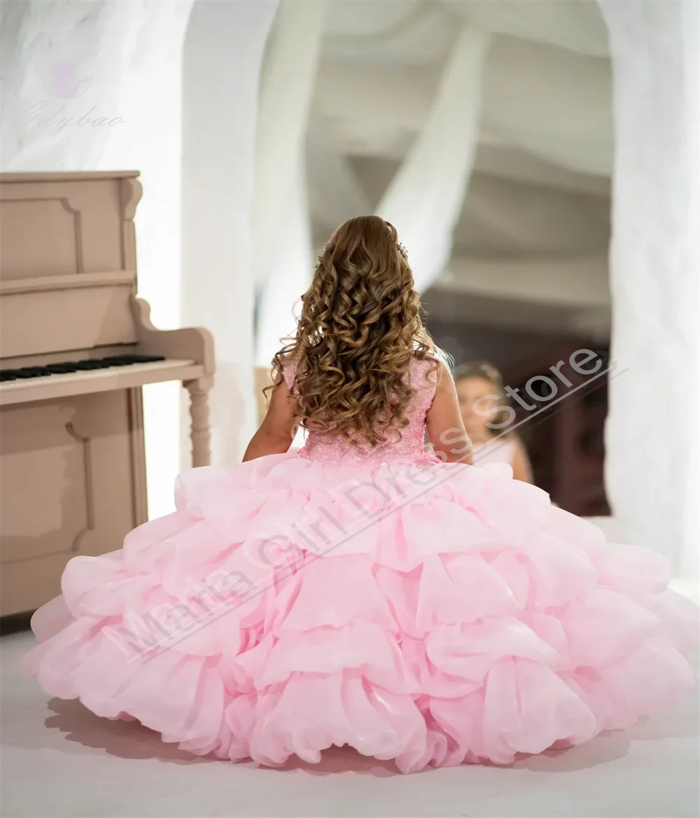 Witte pluizige bloemenmeisjesjurk voor bruiloft gelaagde baby kindergastheer schoonheidswedstrijd verjaardagsfeestje eerste communie